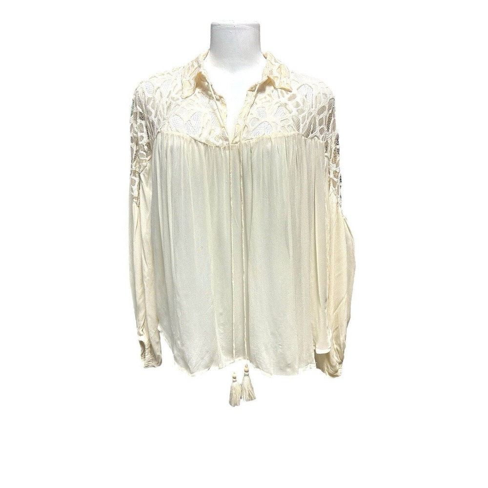 Anthropologie Let Me Be Lace Sheer Blouse XS- Boho Cream Long Sleeve Peasant Top